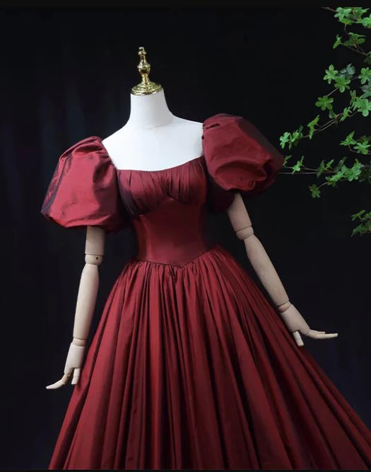 Luolandi Wine Red Taffeta Short Sleeves Long Prom Dress Evening Dress Formal Dress Elegant